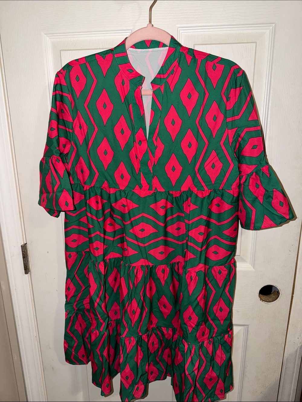 Tiered V-Neck Midi Dress in Green and Pink